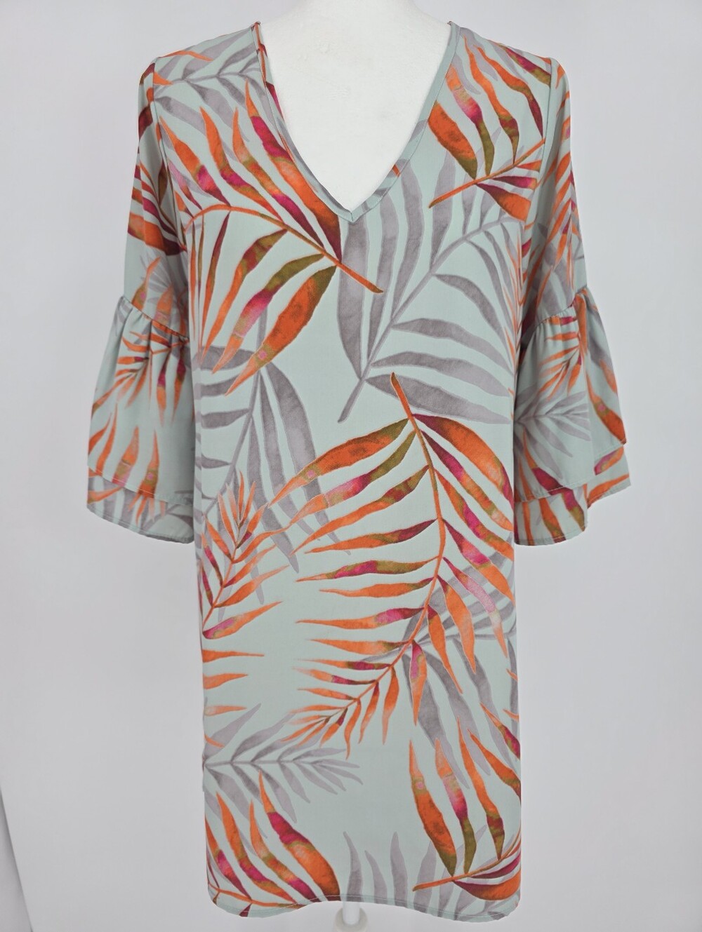 Tyche Palm Print Shift Dress Bell Sleeve V Neck Gray Orange Women's Small